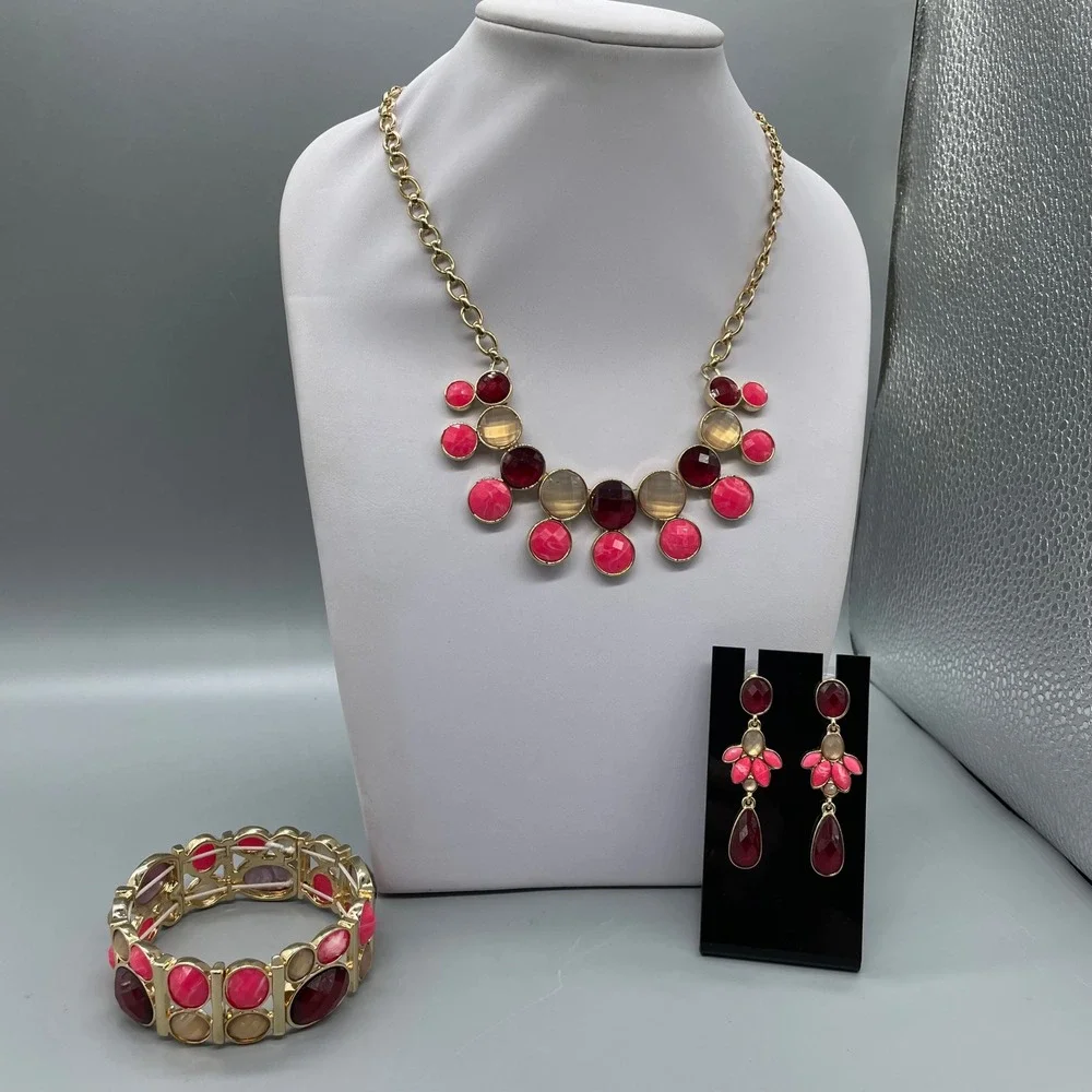 Pappagallo Gold Tone Pink Raspberry Cabochon Necklace Earrings Bracelet Set 80's - Picture 2 of 11